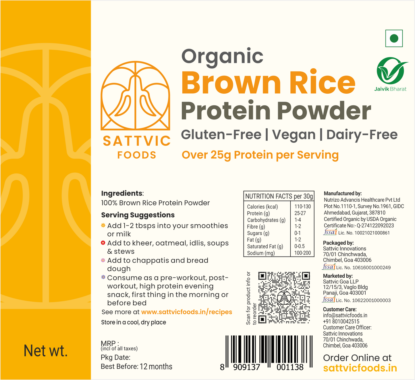 Label of Organic Brown Rice Protein Powder from Sattvic Foods