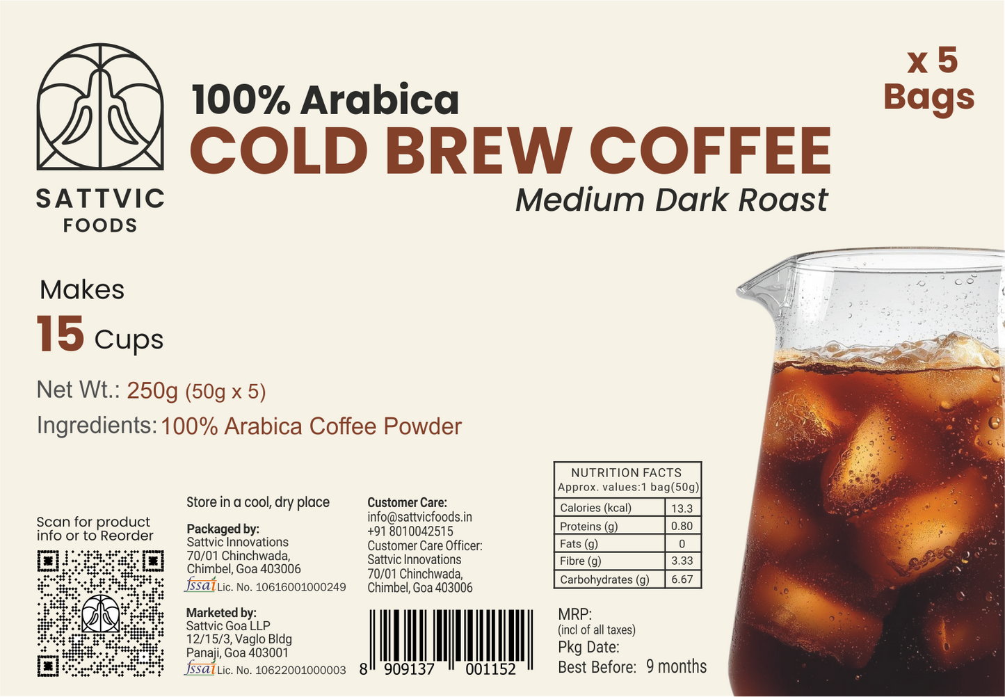 Sattvic Foods cold brew coffee package with a glass of iced coffee.