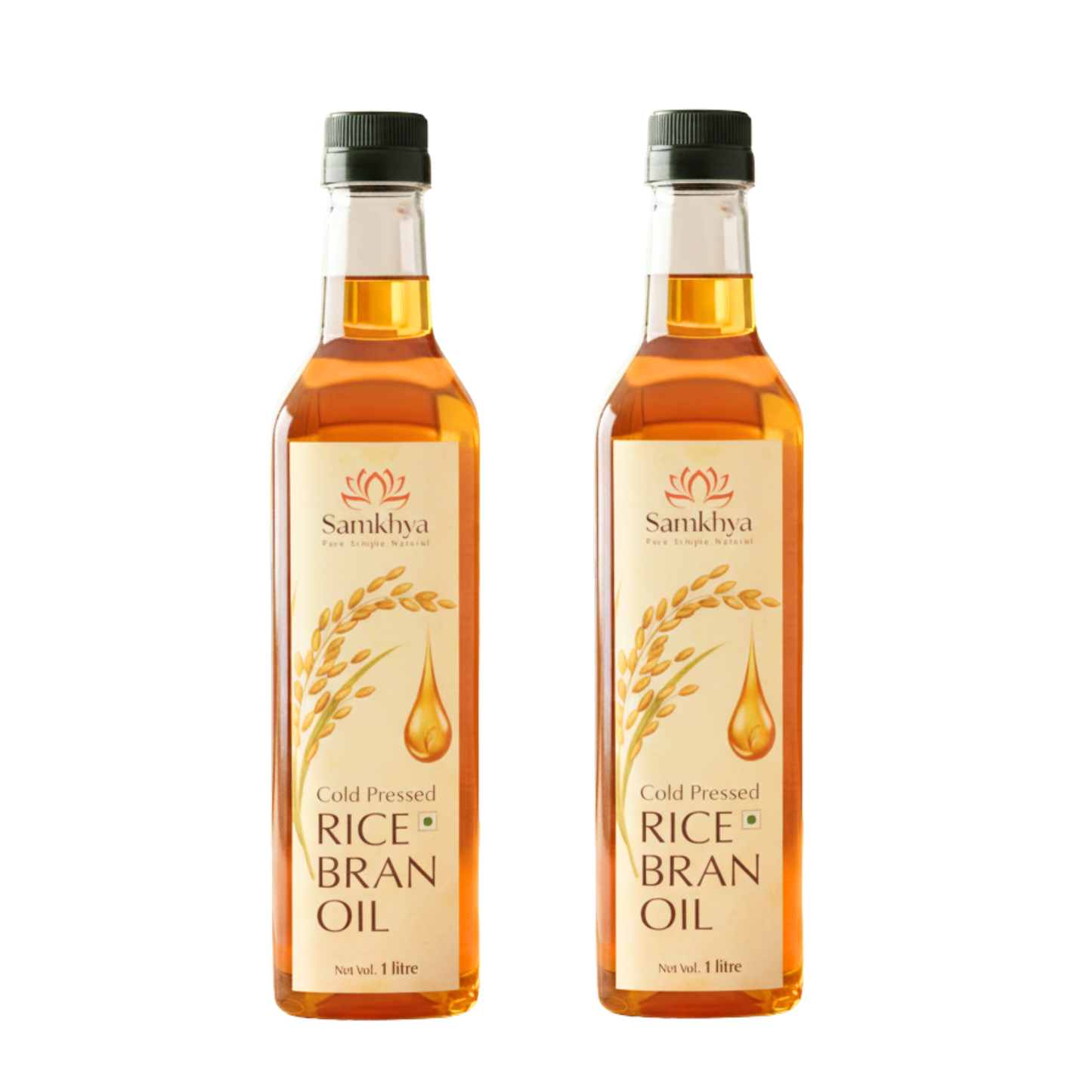 Two bottles of Samkhya Rice Bran Oil on a white background
