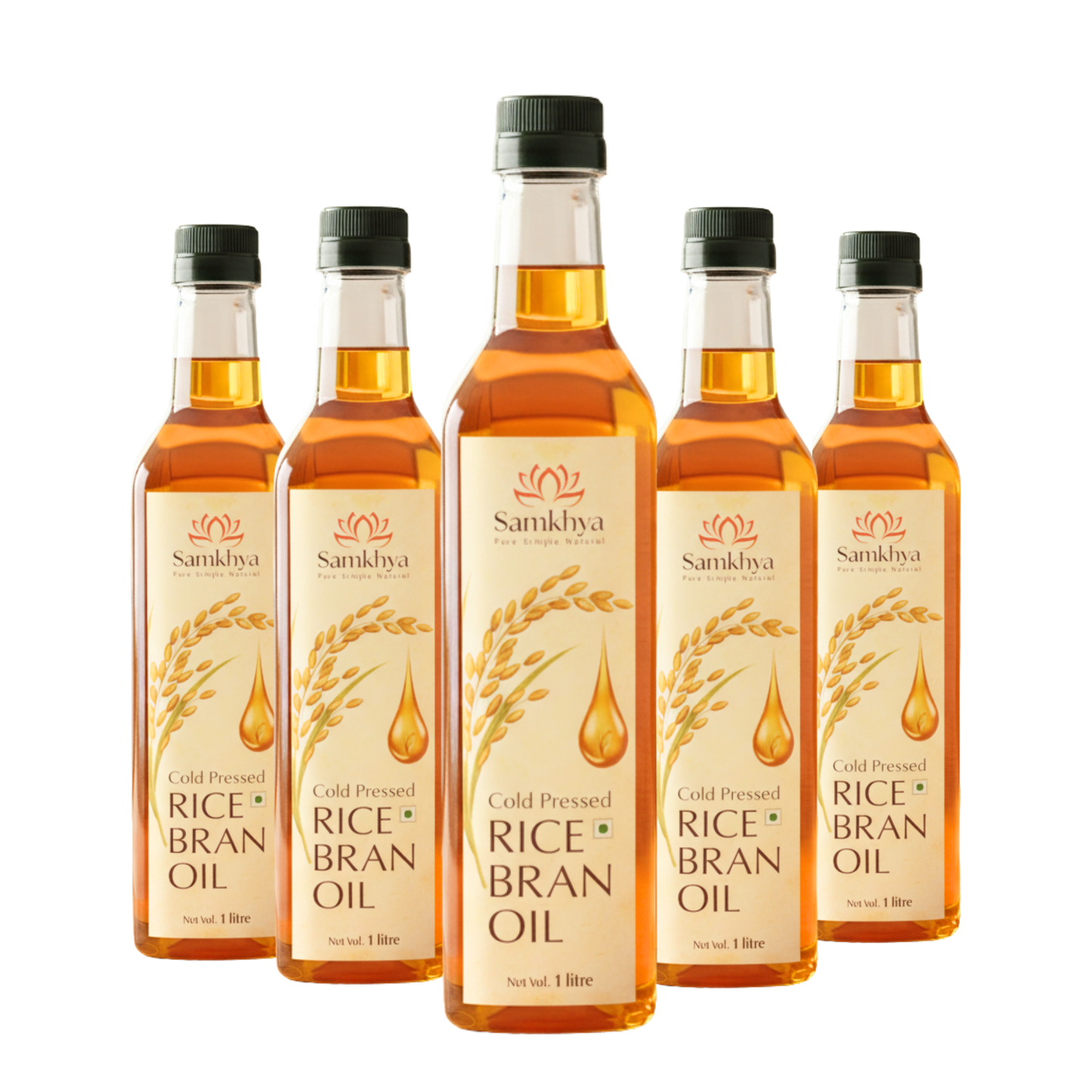 Five bottles of Sankhya Rice Bran Oil on a white background