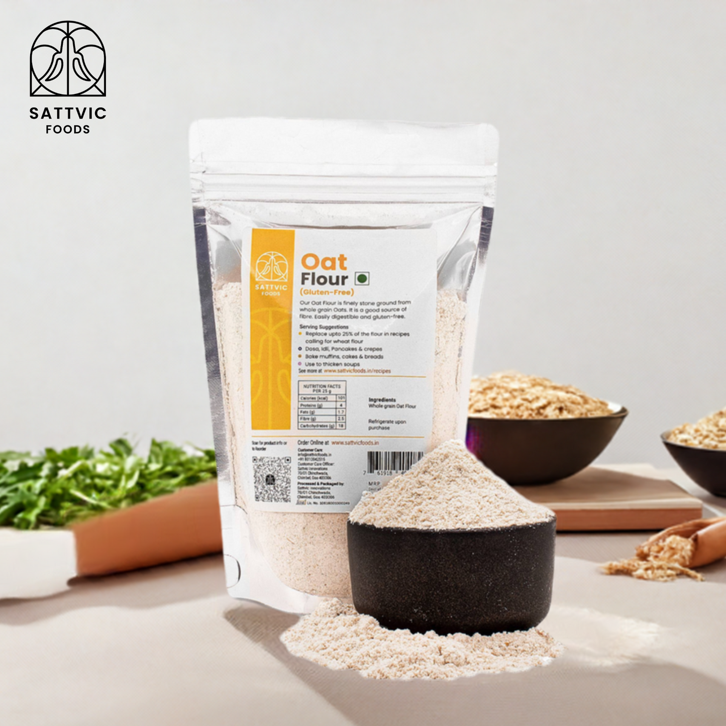 Sattvic foods oat flour packet with a kitchen background