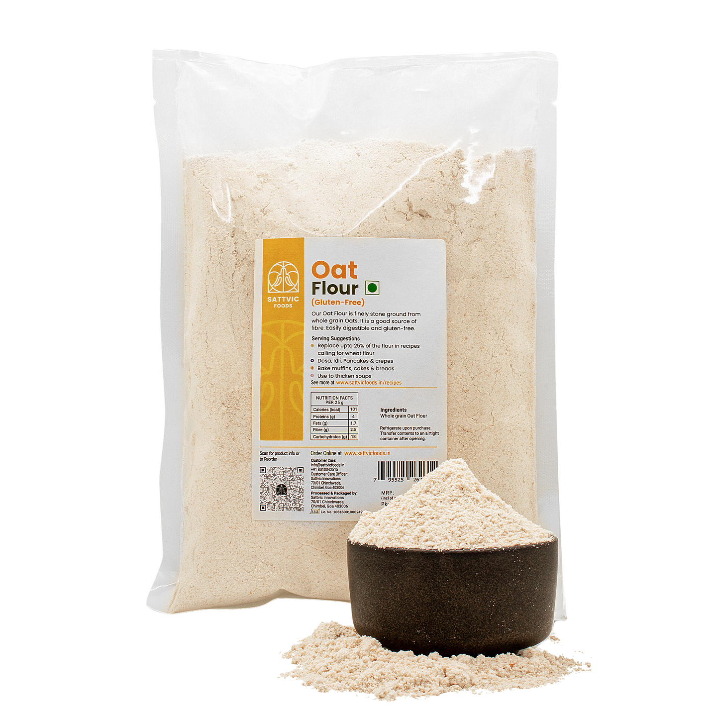 Oat flour in a bag with a bowl besides it