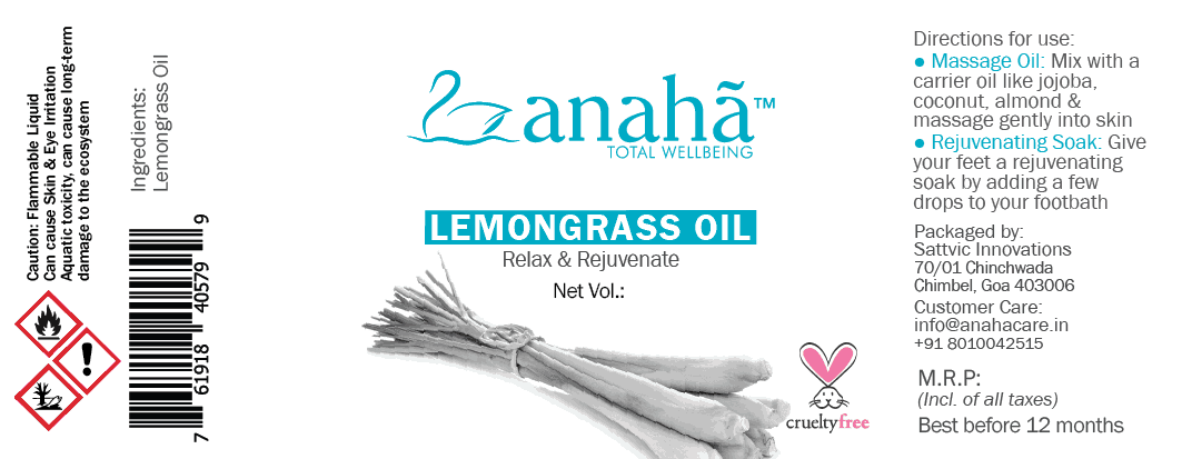 Label of Anaha lemongrass essential oil which describes directions for usage and other information