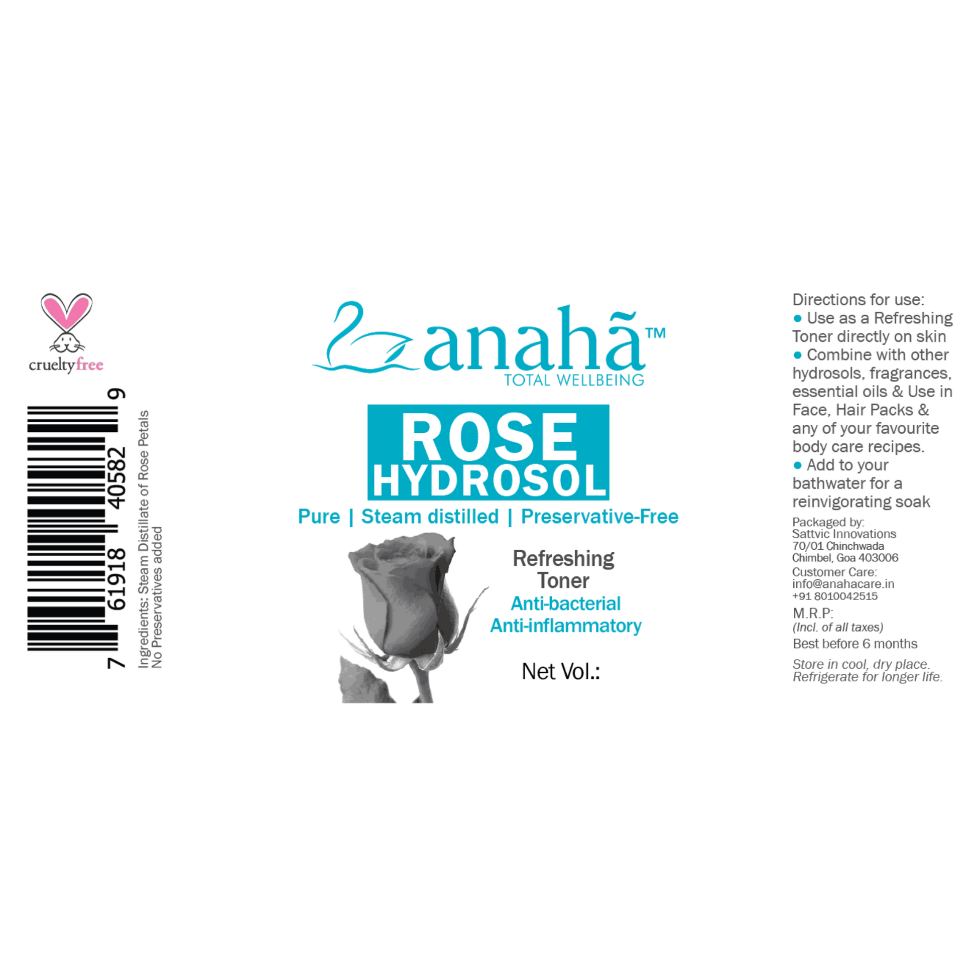 Anaha Rose Hydrosol |  Steam distilled, Pure, Natural, Preservative-Free Floral Rose Water Anaha