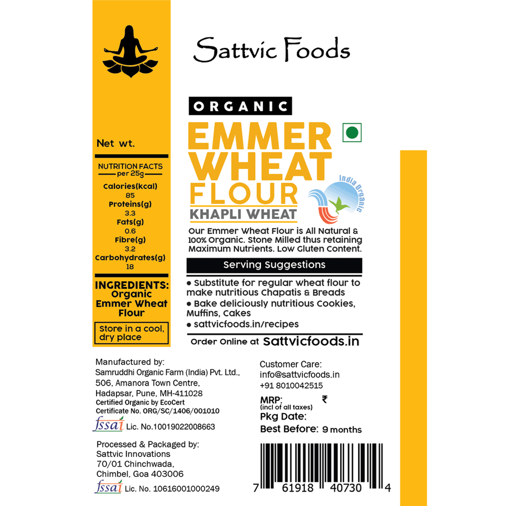 Emmer Wheat Flour / Khapli Atta (Certified Organic) Sattvic Foods