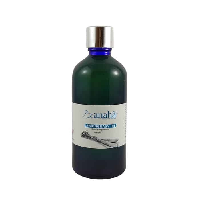 A glass bottle containing Anaha lemongrass essential oil