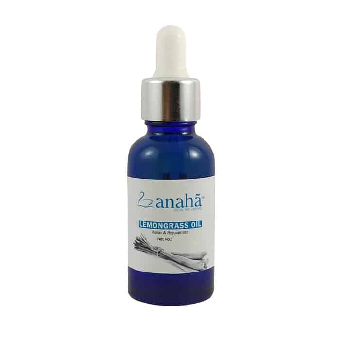 A glass bottle with dropper containing Anaha lemongrass essential oil