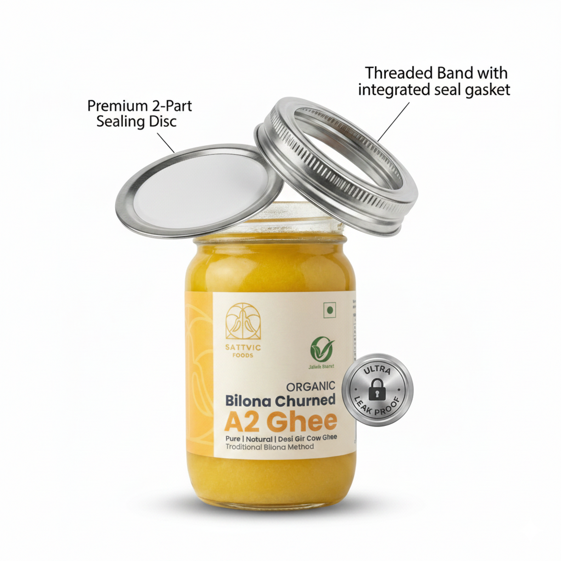 Jar of Biona Churned A2 Ghee with labeled components on a white background