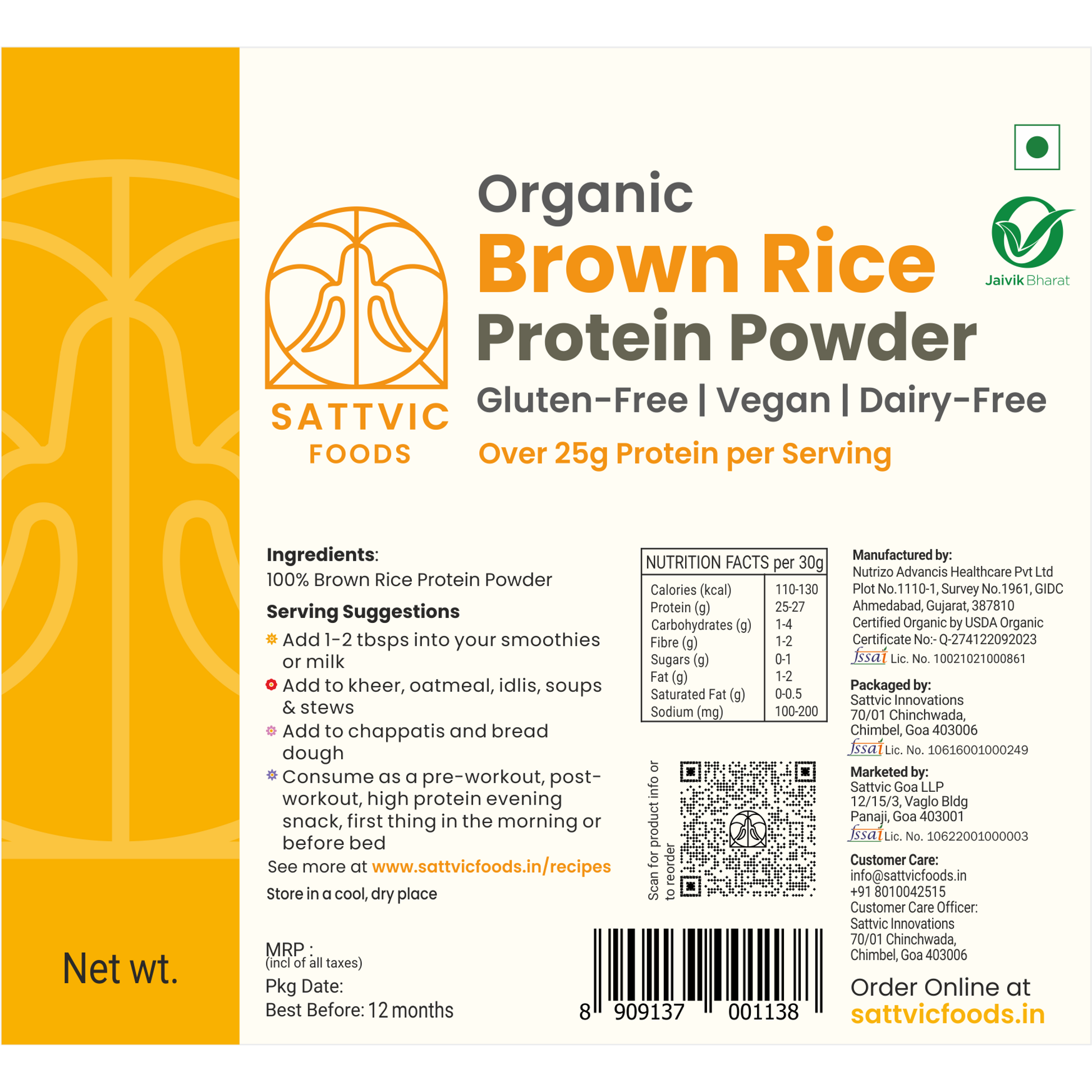 Label of Organic Brown Rice Protein Powder from Sattvic Foods