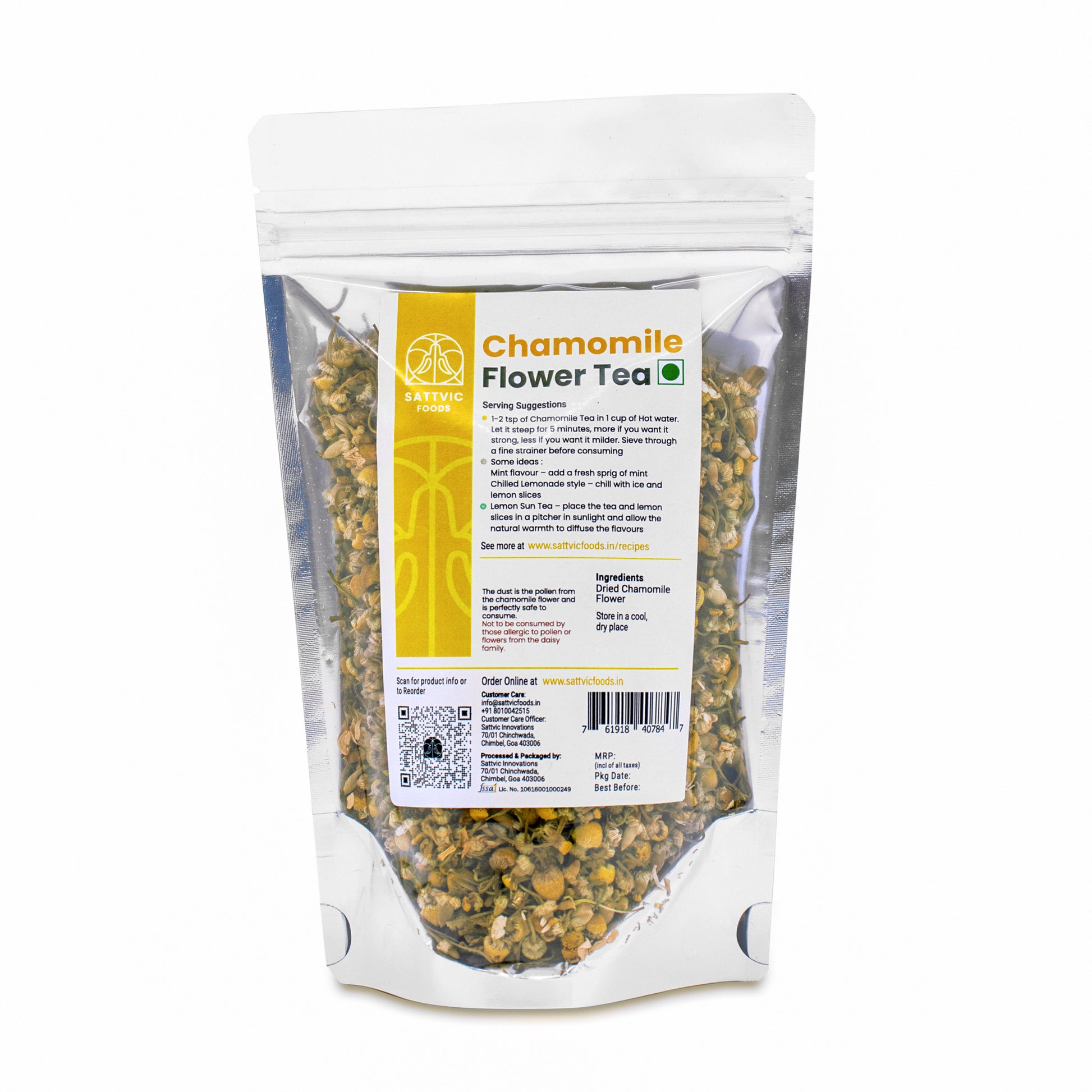A stand up pouch of dried chamomile flowers from Sattvic Foods