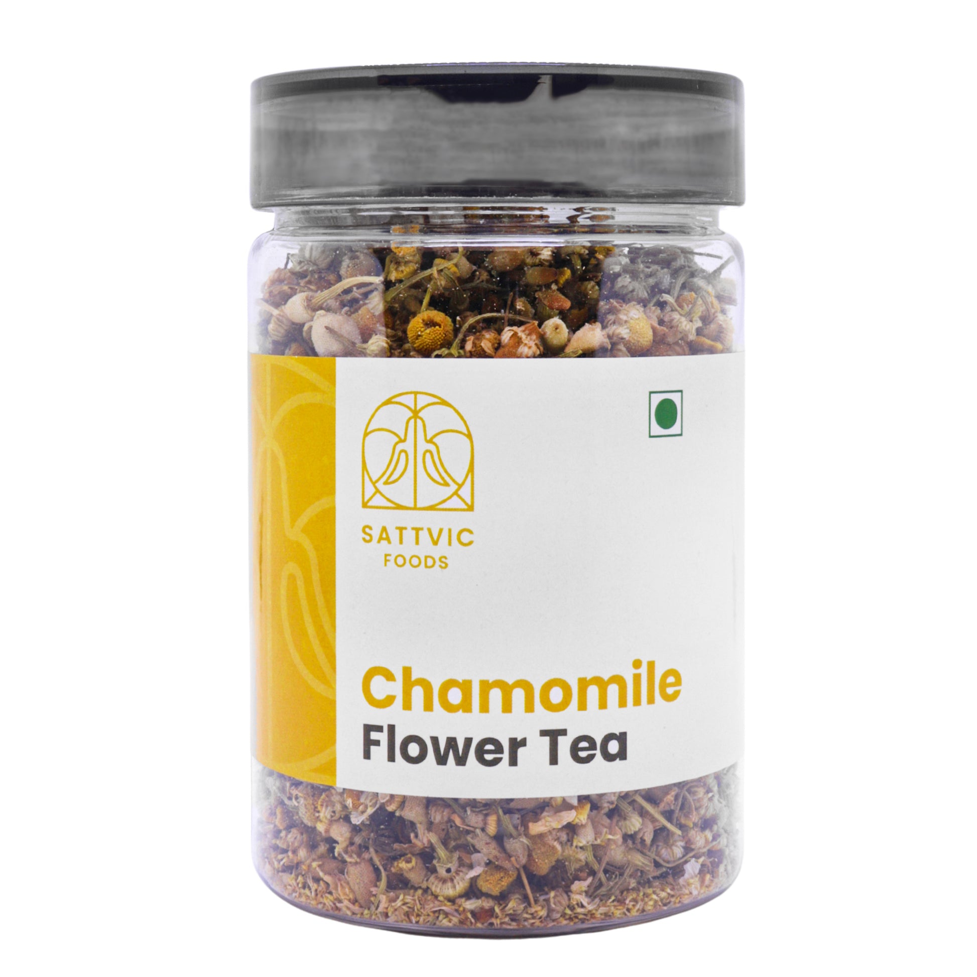 A jar of sattvic foods dried chamomile flowers