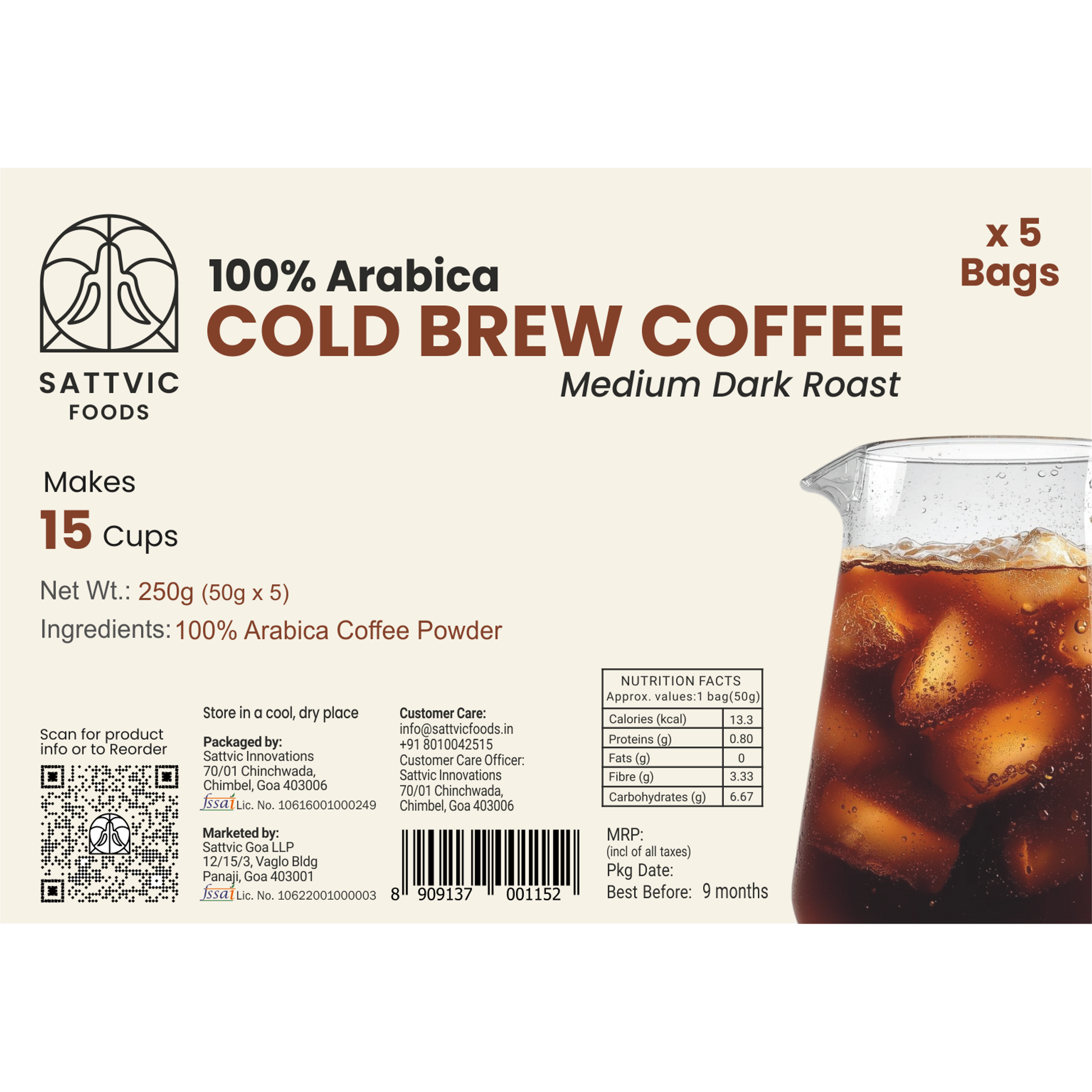 Sattvic Foods cold brew coffee package with a glass of iced coffee.