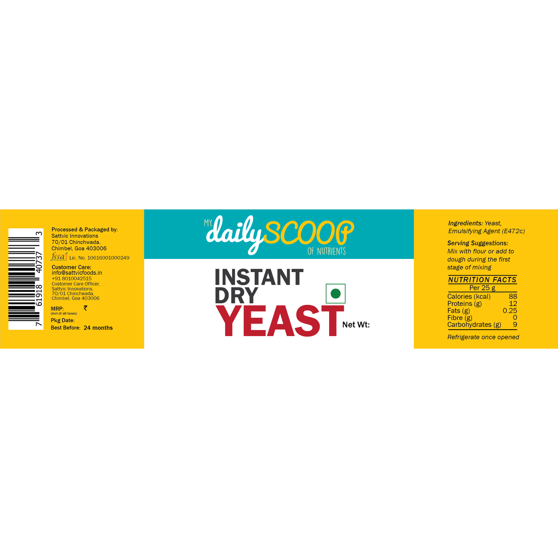 Label of instant dry yeast with branding and nutritional information.