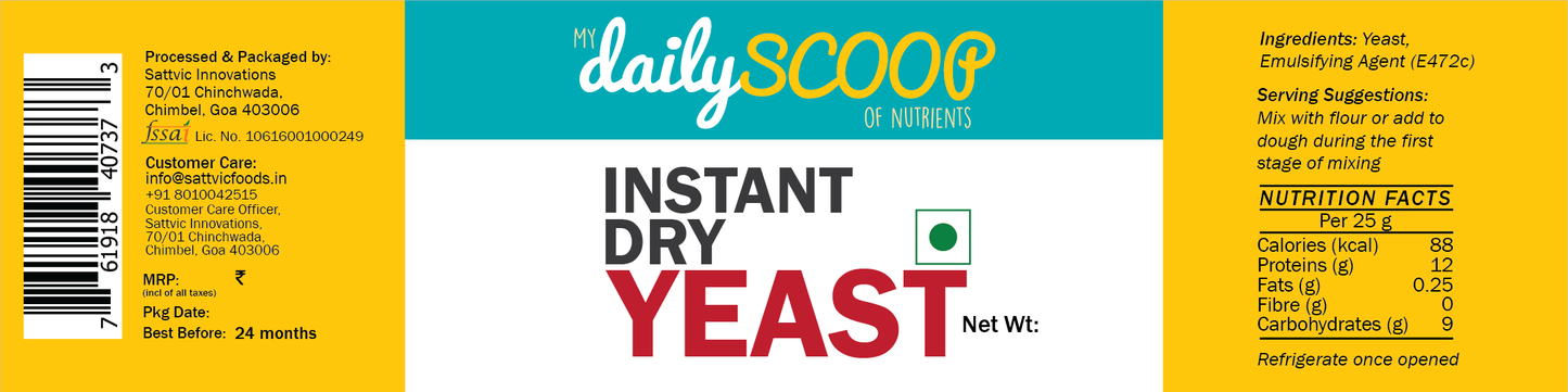 Label of instant dry yeast with branding and nutritional information.