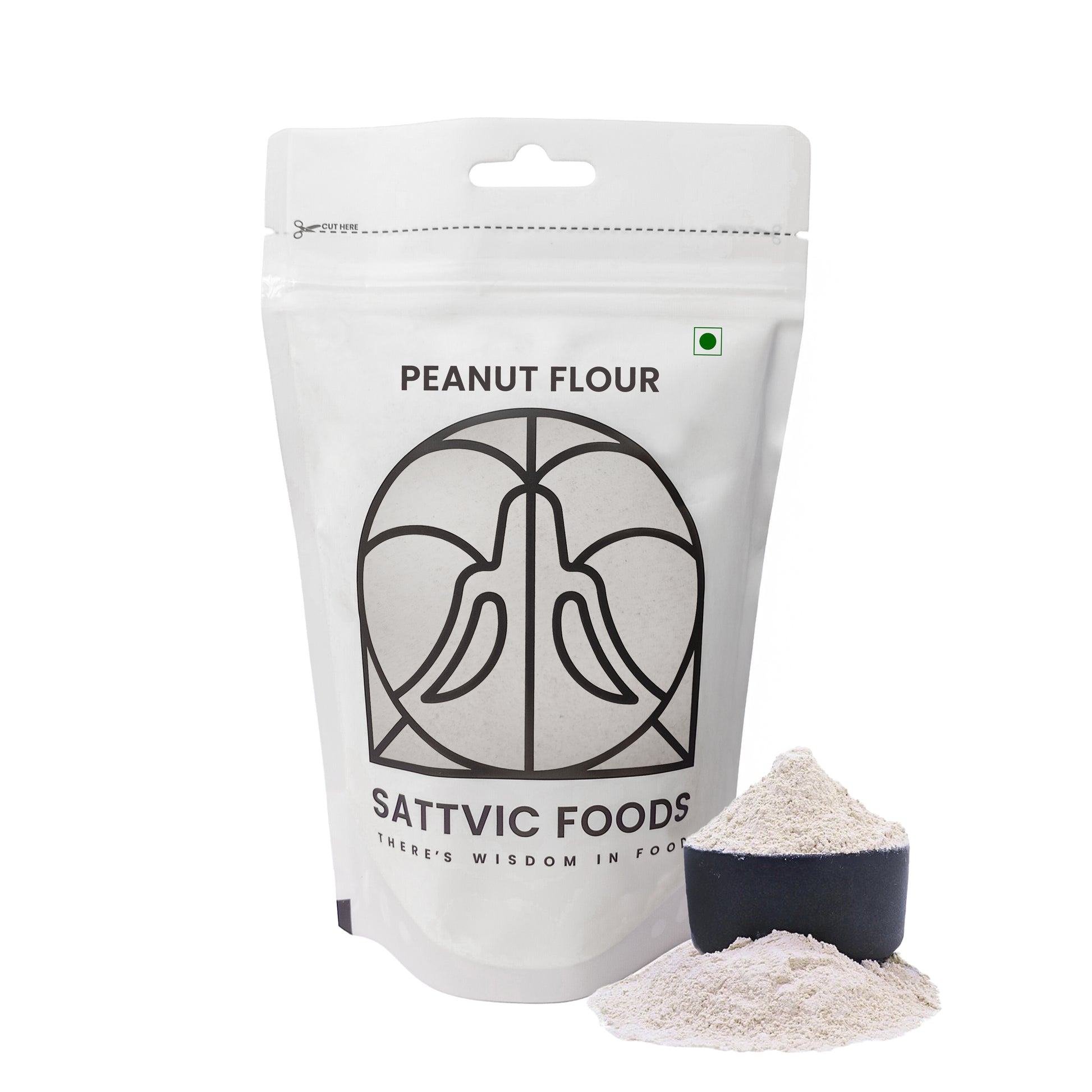 Sattvic Foods peanut flour package with a scoop of powder on a white background