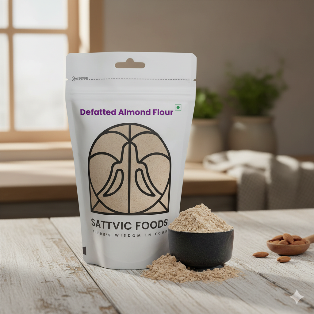 Sattvic Foods defatted almond flour package on a wooden surface with a bowl of flour and almonds.
