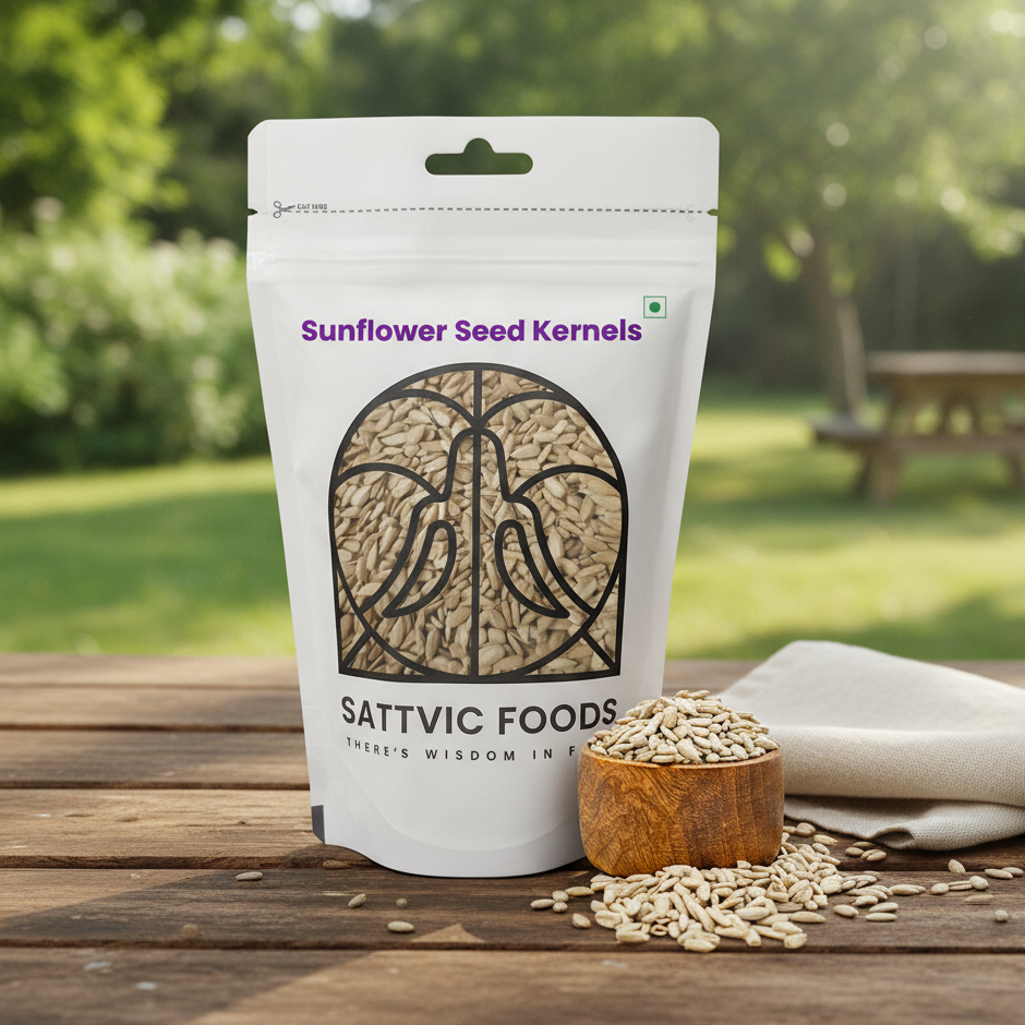 Sattvic Foods sunflower seed kernels packaging on a wooden table with outdoor background