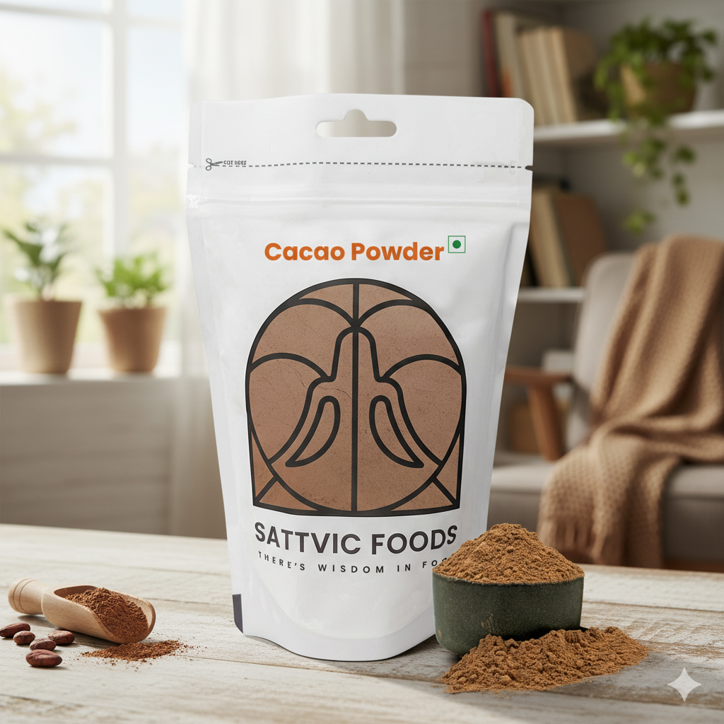 Sattvic Foods cacao powder package on a wooden table with cacao powder and a scoop.