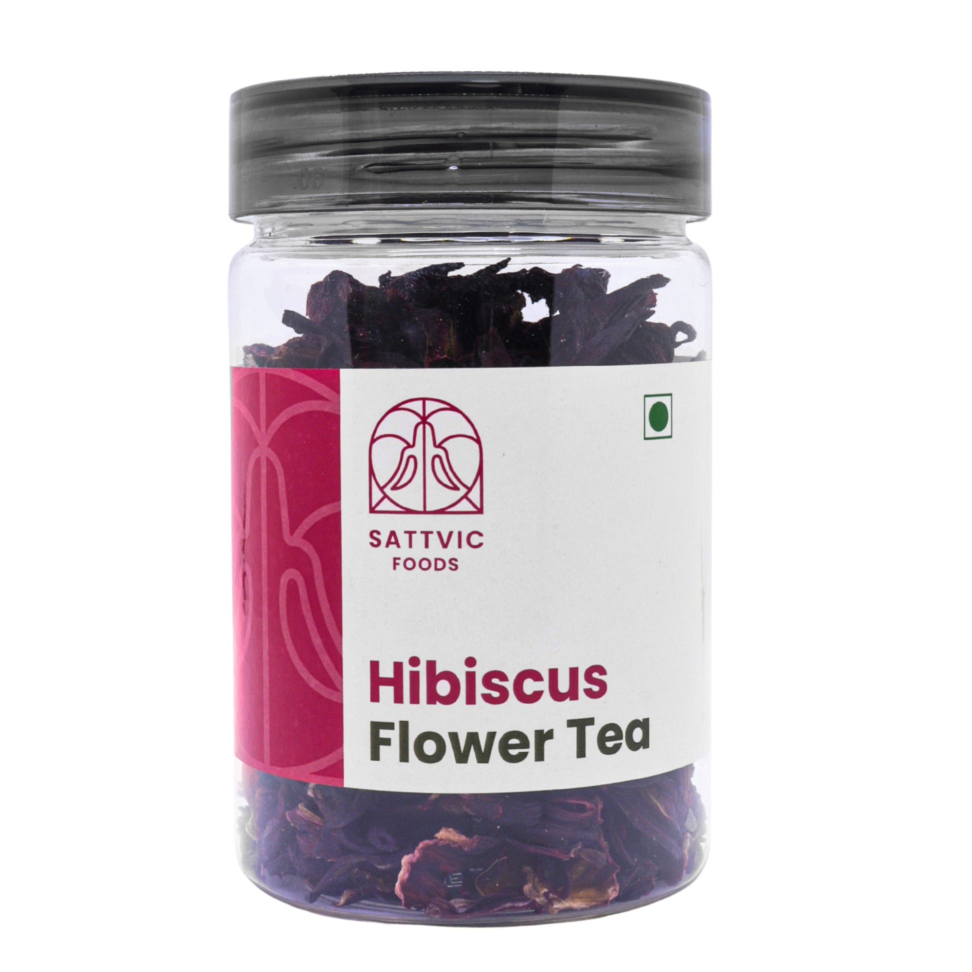 A jar of loose dried hibiscus flowers by Sattvic Foods