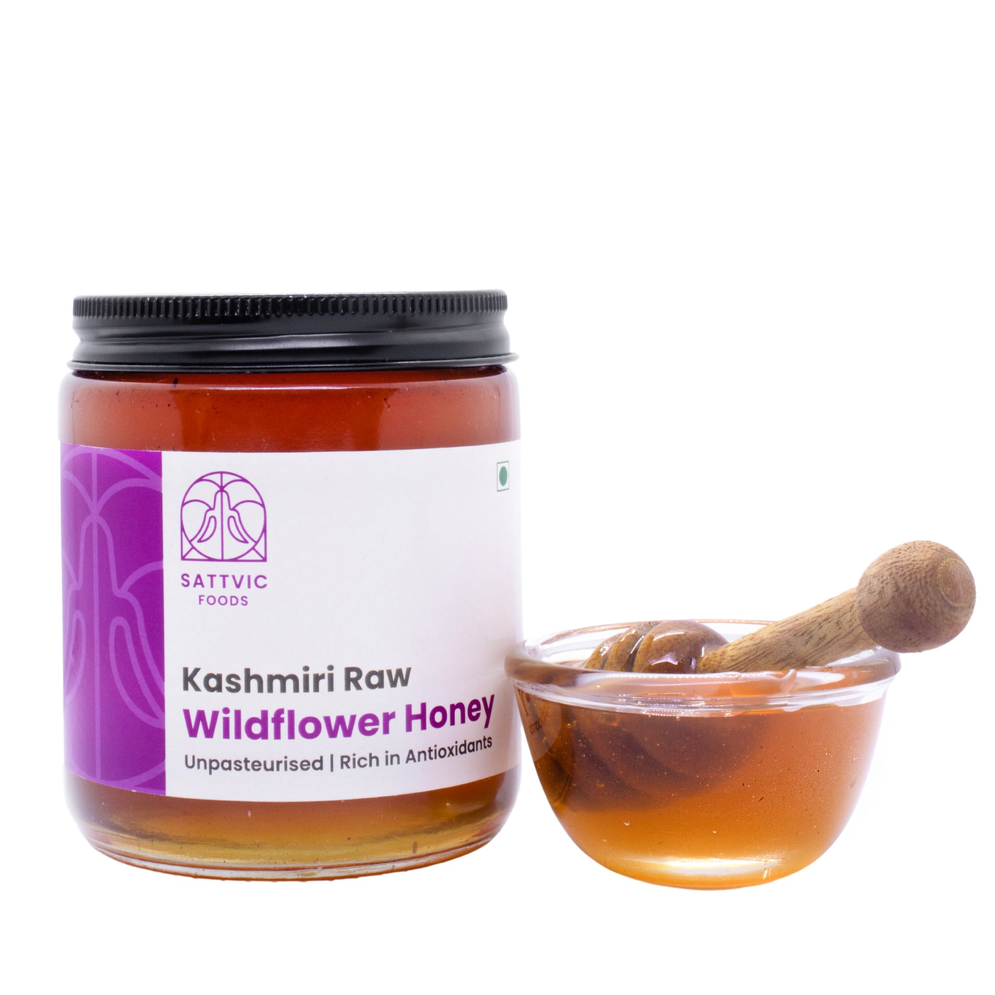 Kashmiri Wildflower Honey in a Jar with sample in a bowl