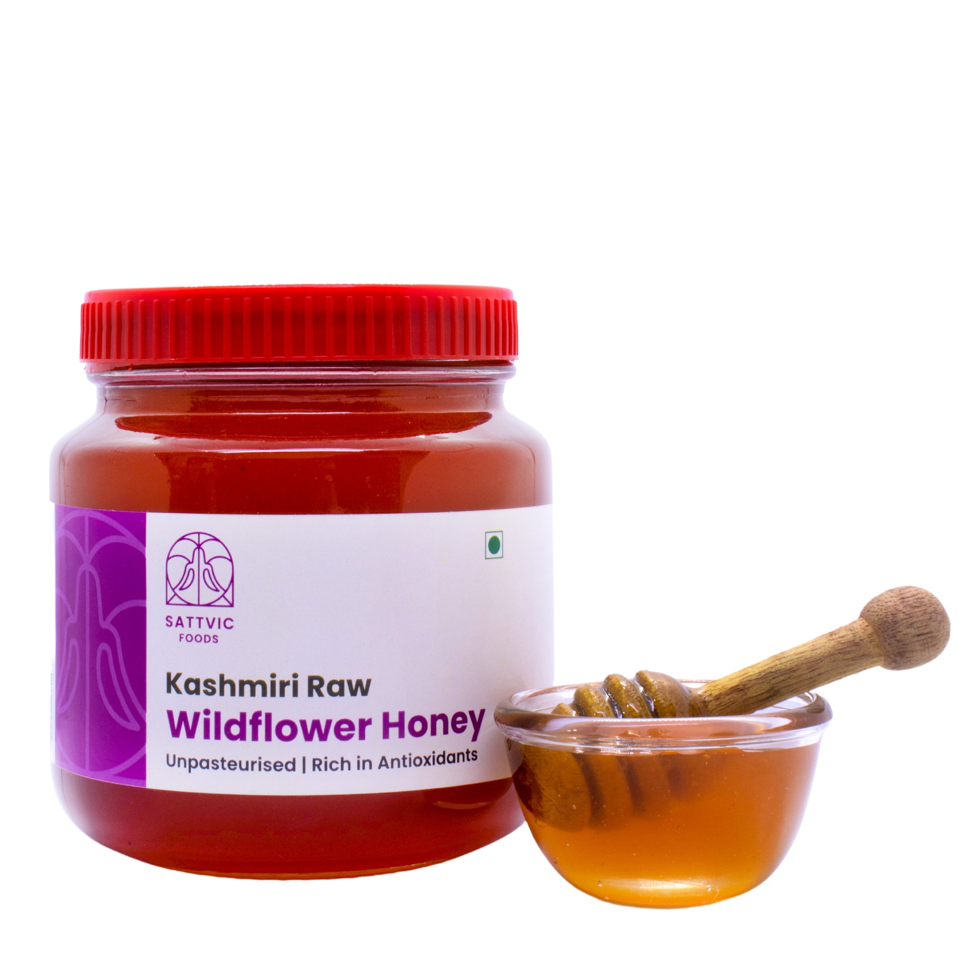 Kashmiri Wildflower Honey in a Jar with sample in a glass bowl