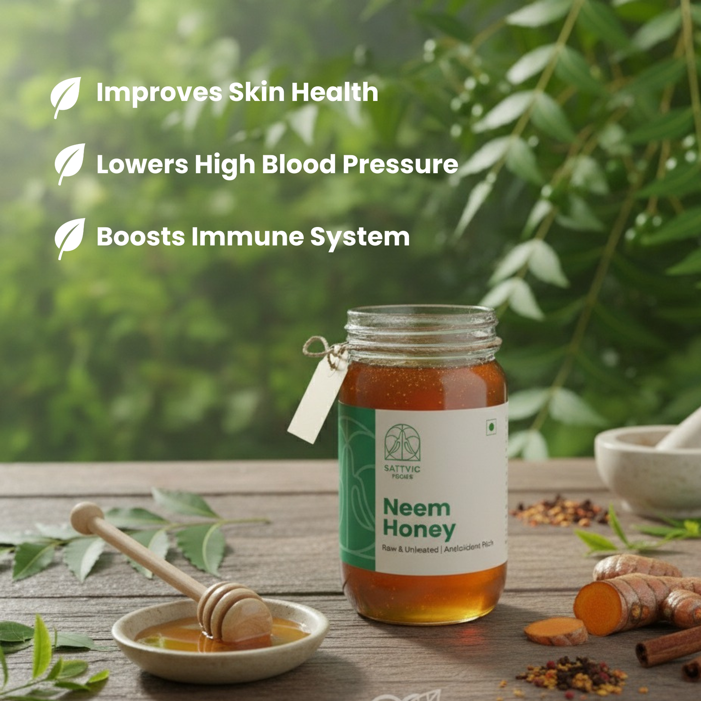 Jar of Neem Honey with honey dipper and ingredients on a wooden surface with greenery in the background.