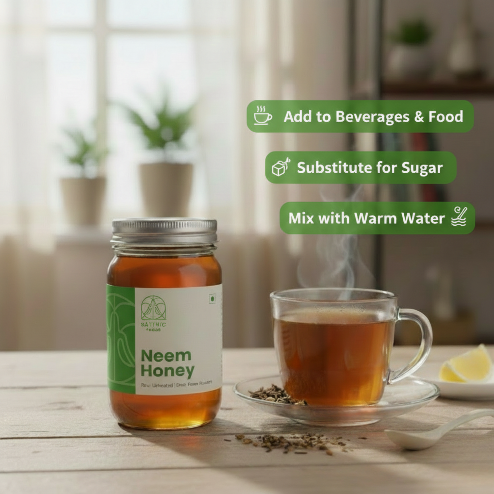 Neem honey jar with a cup of tea on a wooden table, with text on how to use neem honey.
