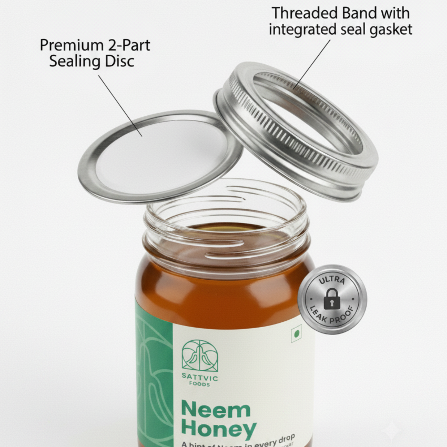 Neem honey jar with labeled components on a white background