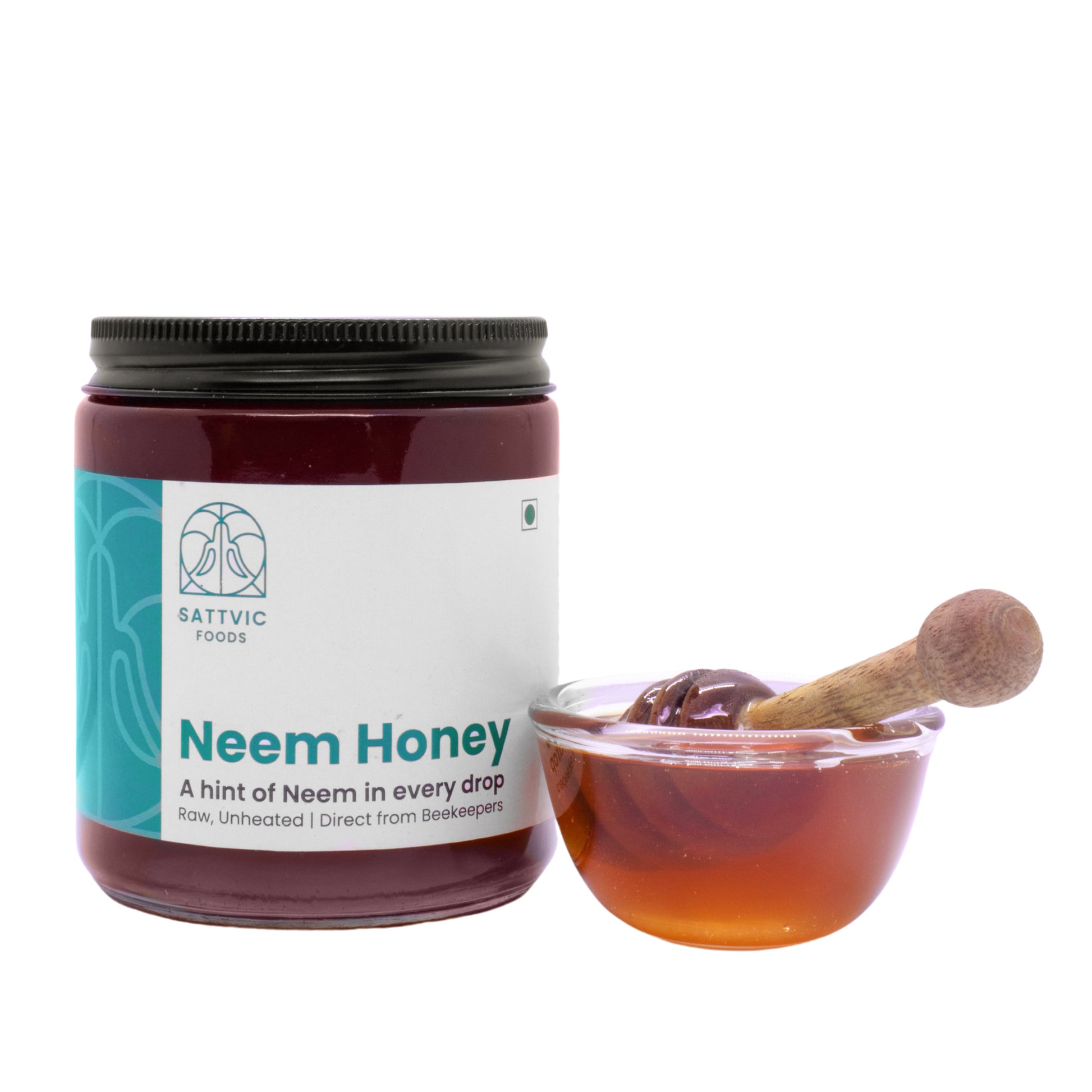 Neem Honey in a jar with a glass bowl of neem honey besides it.