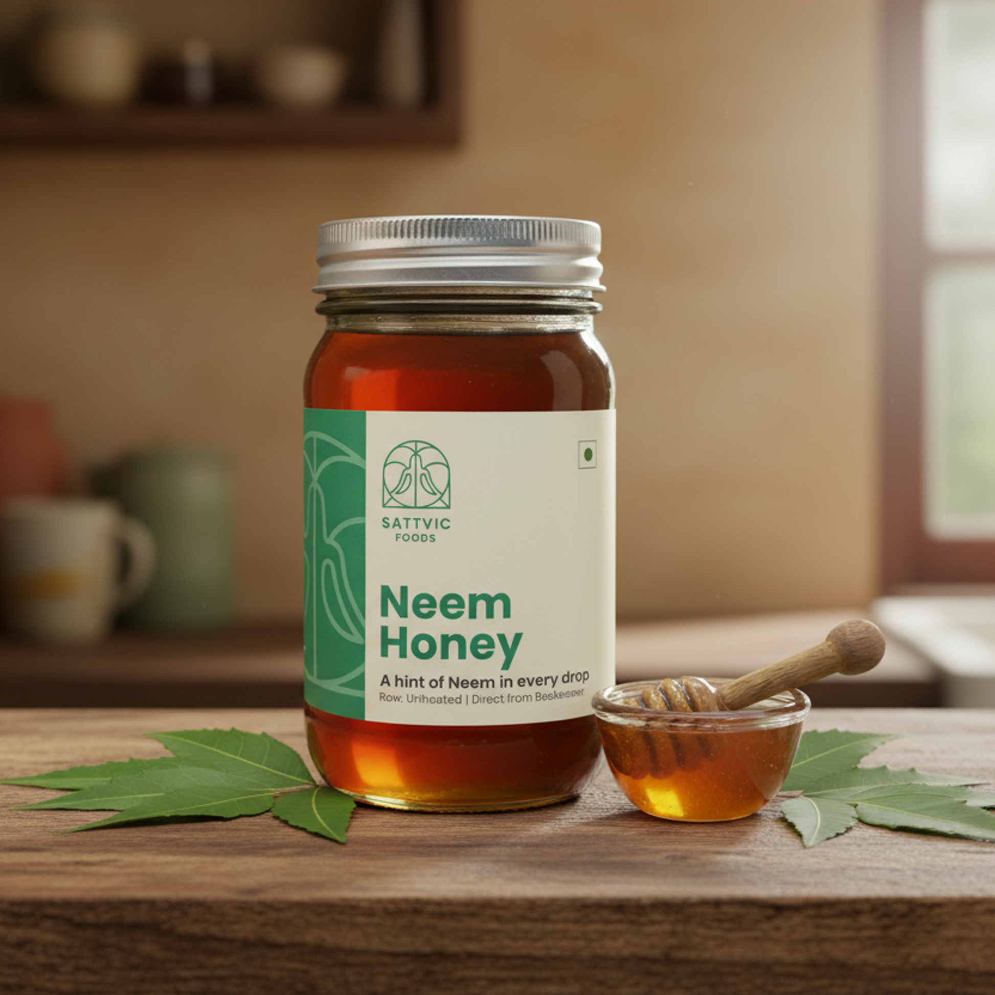 Jar of Neem honey with a dipper on a white background