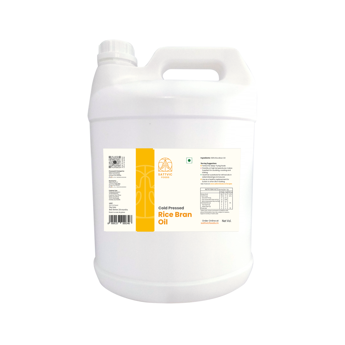 White container of rice bran oil with a label on a white background