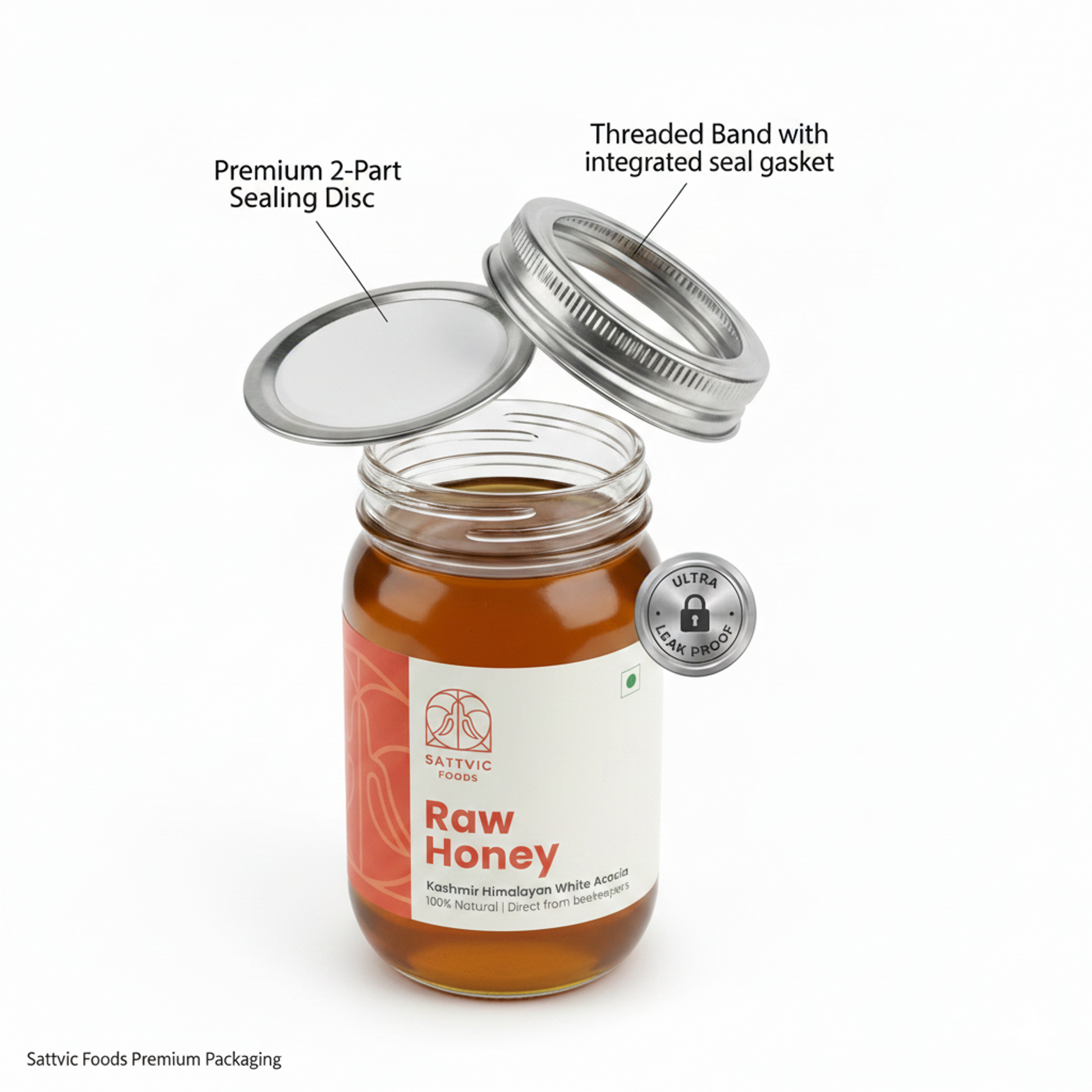 Jar of raw honey with labeled components on a white background