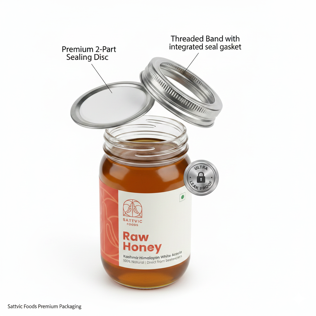 Jar of raw honey with labeled components on a white background