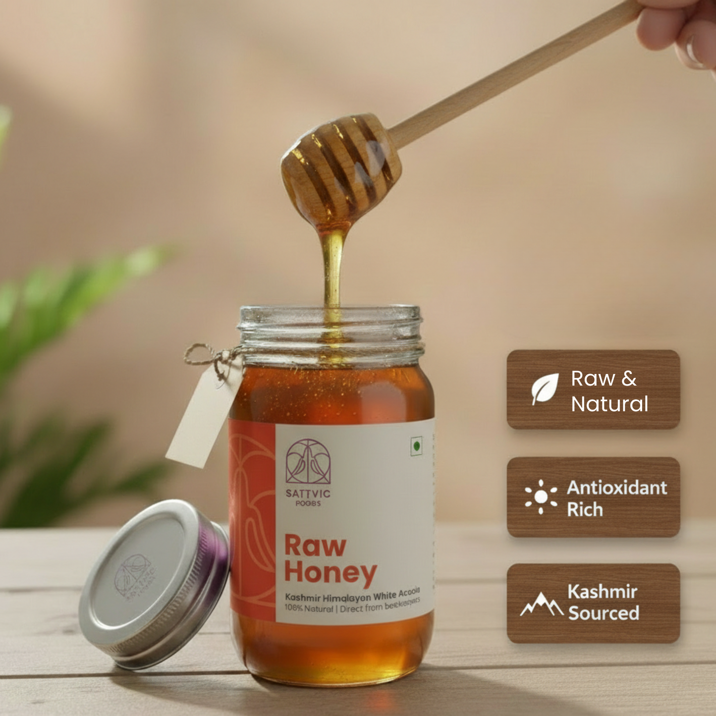 Jar of raw honey with a honey dipper, surrounded by nature-themed elements.