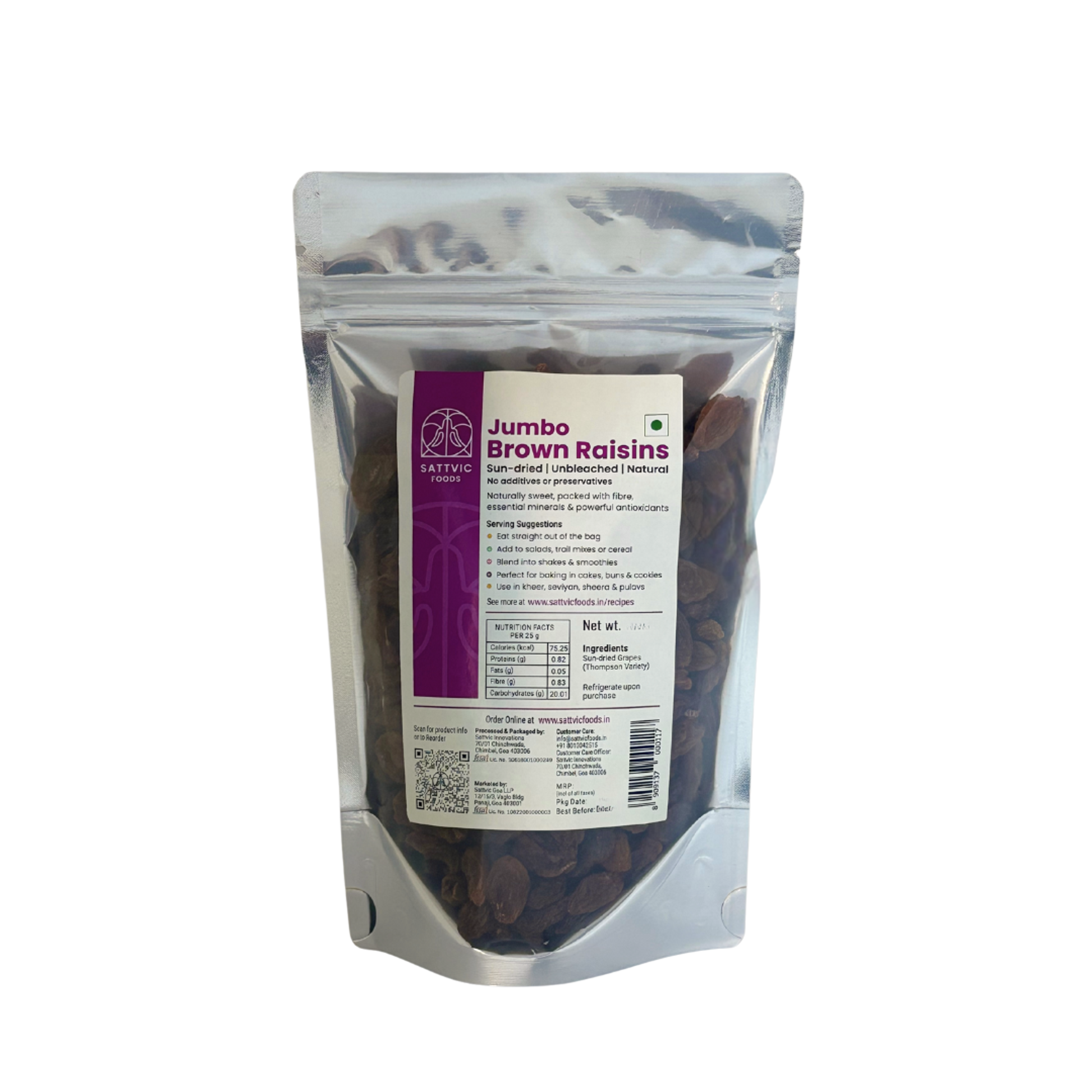 Packaged jumbo brown raisins with a label on a white background