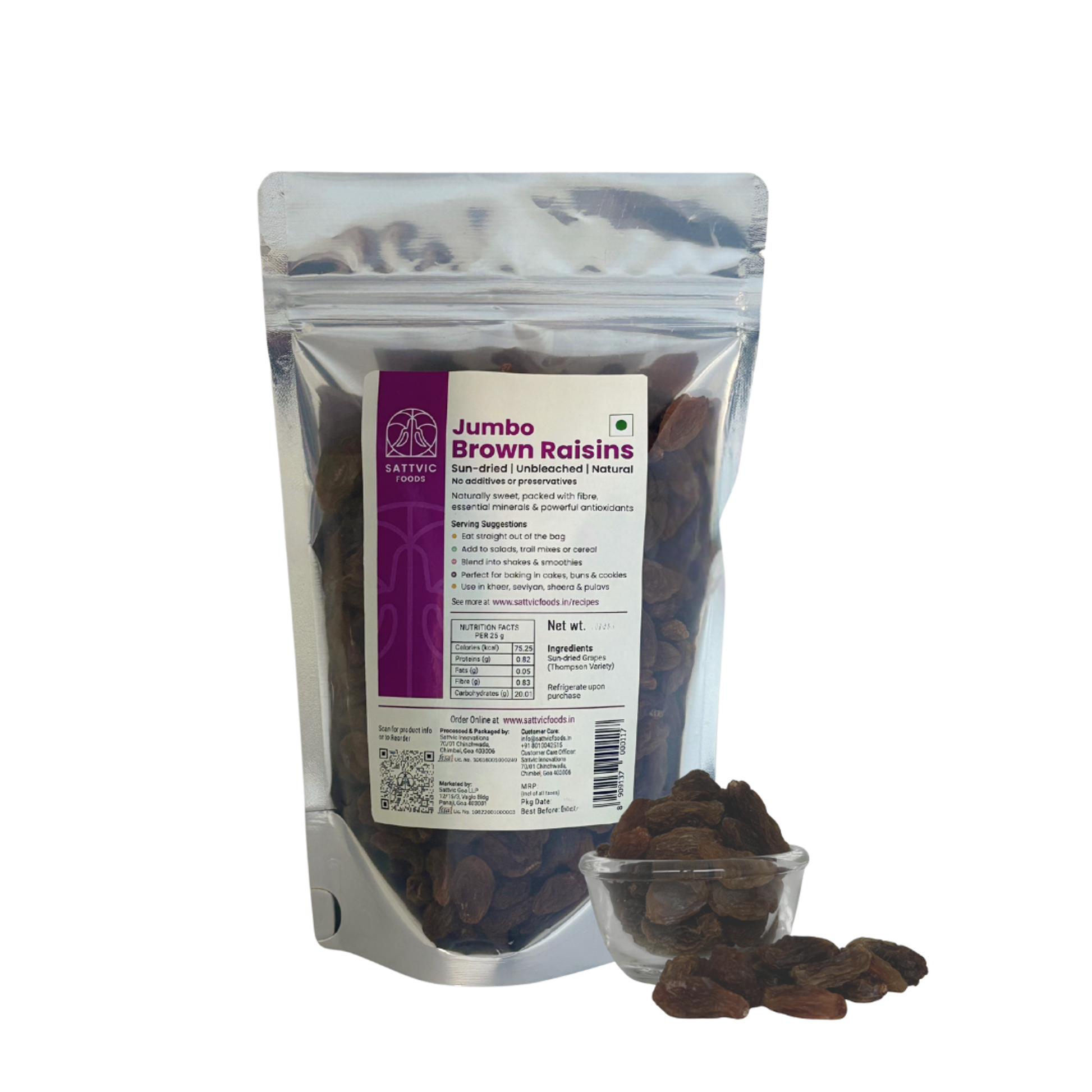 Packaged Jumbo Brown Raisins with a visible label on a white background