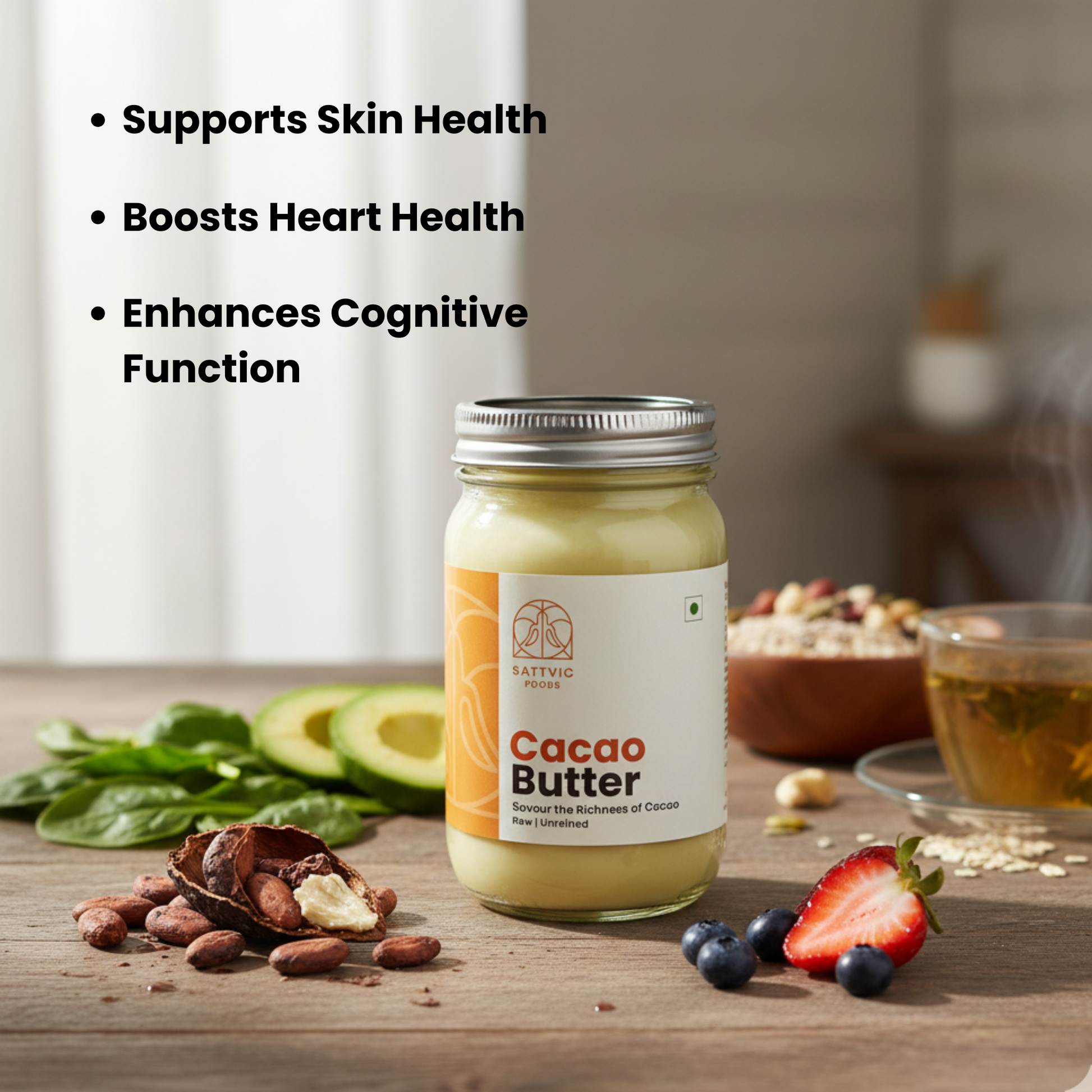 Jar of cacao butter on a wooden table with health benefits listed