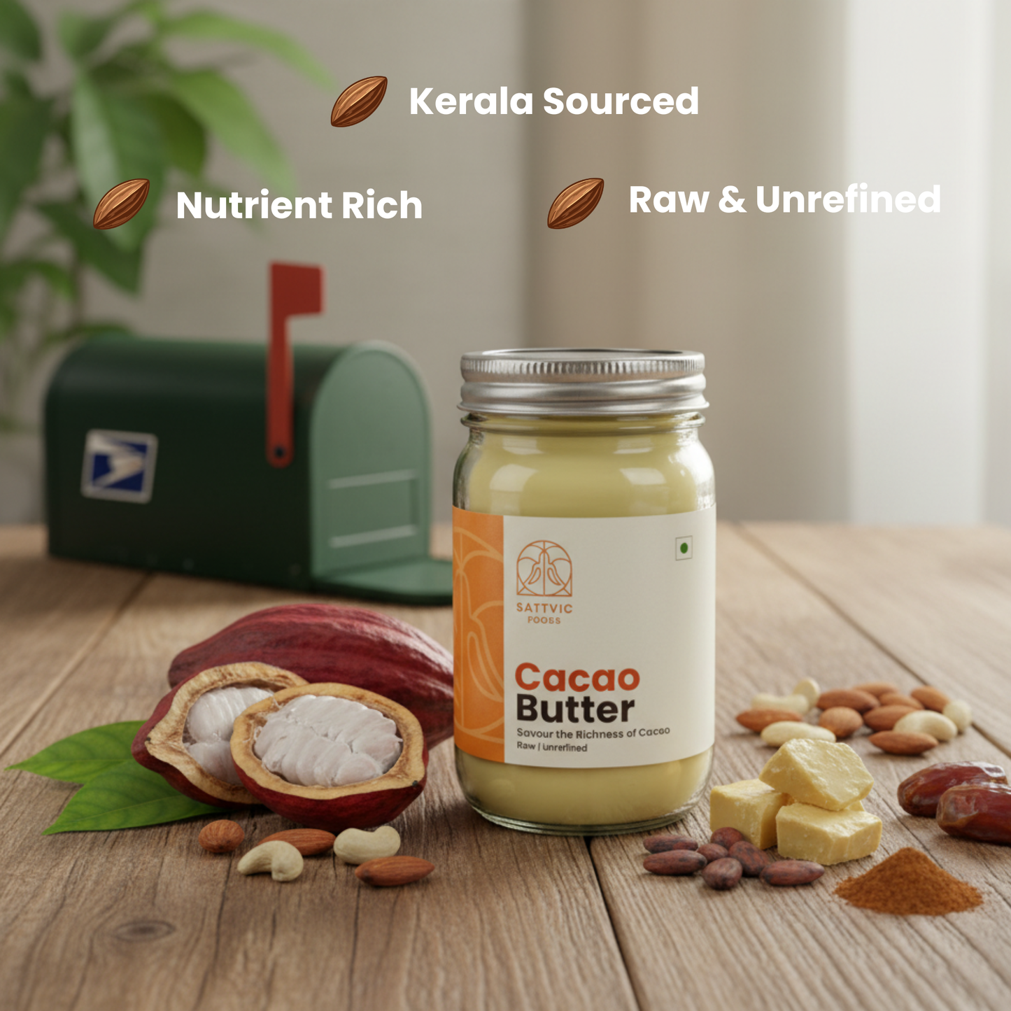 Jar of cacao butter with ingredients on a wooden surface, featuring Kerala Sourced branding.