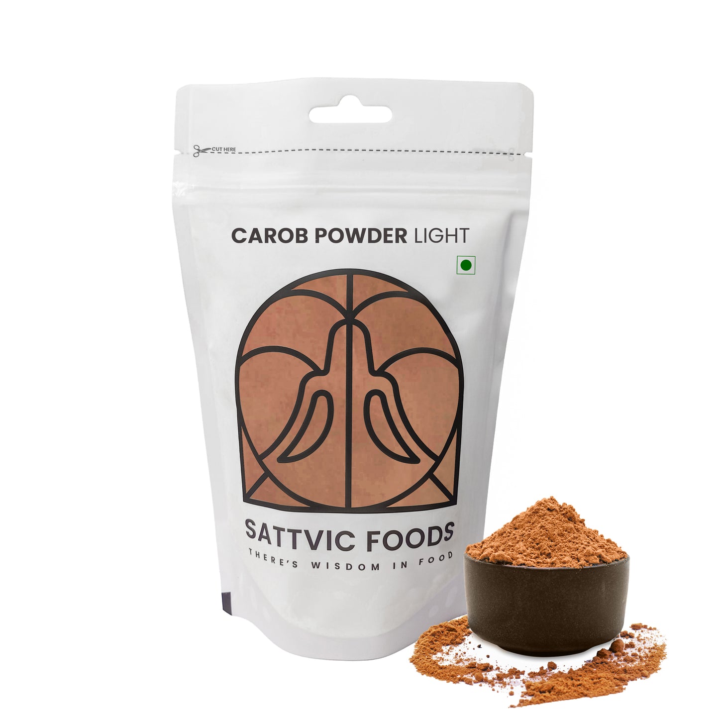 Carob powder package from Sattvic Foods with a small bowl of carob powder on a white background