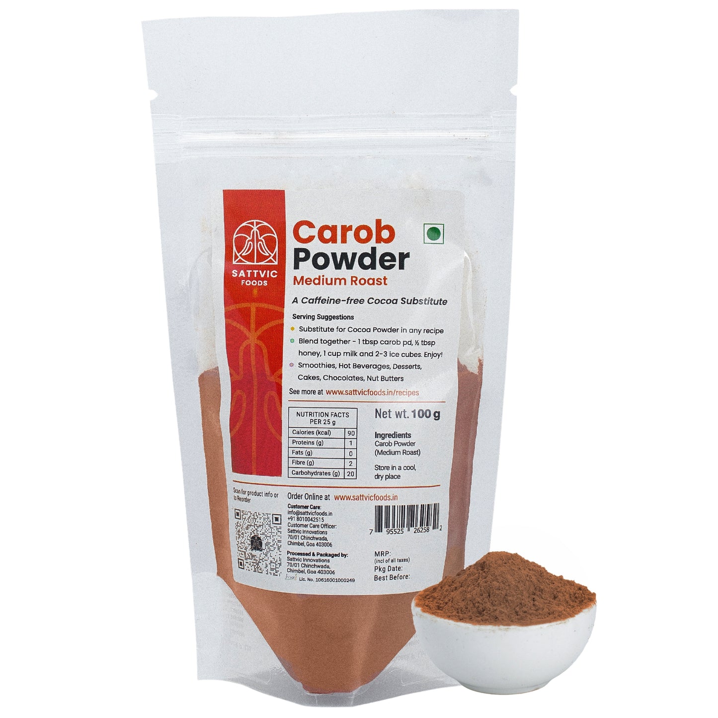 Carob powder package with a spoonful of powder on a white background