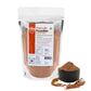 Bag of carob powder with a scoop of powder on a white background