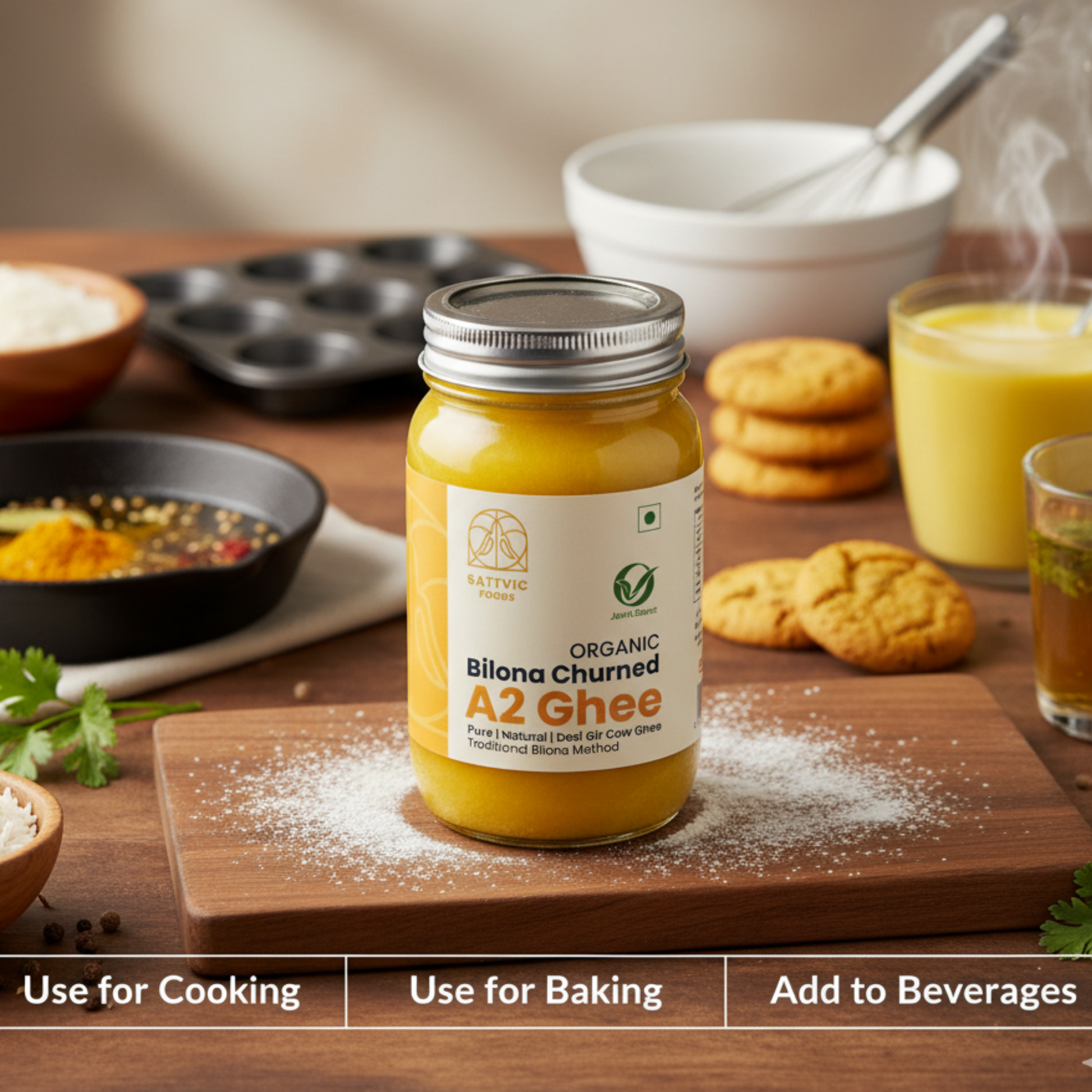 Jar of Organic Bilana Churned A2 Ghee on a wooden board with cooking ingredients in the background.