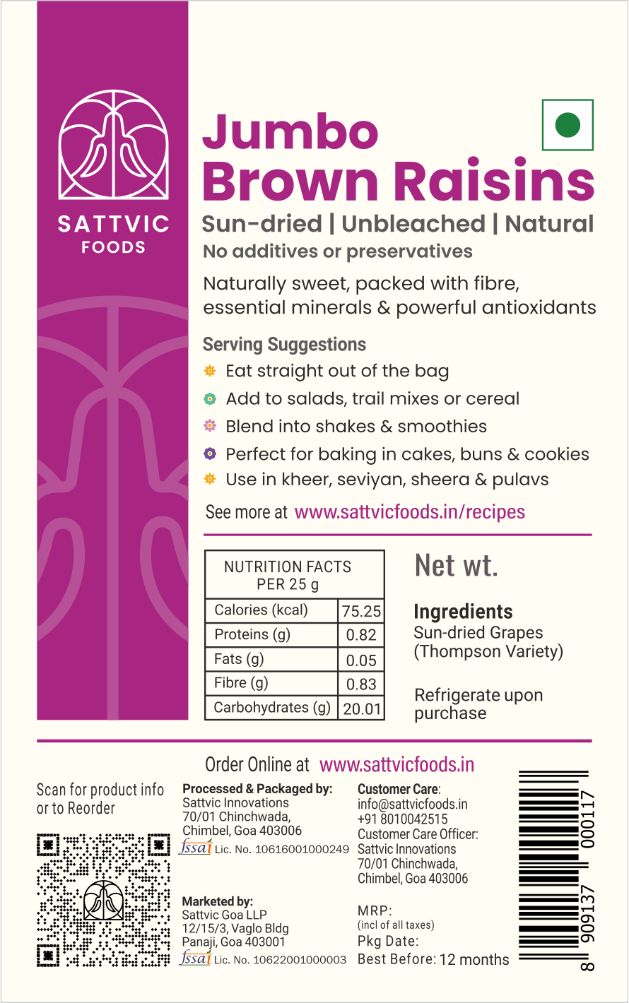 Sattvic Foods Jumbo Brown Raisins packaging with nutritional information and ingredients listed.