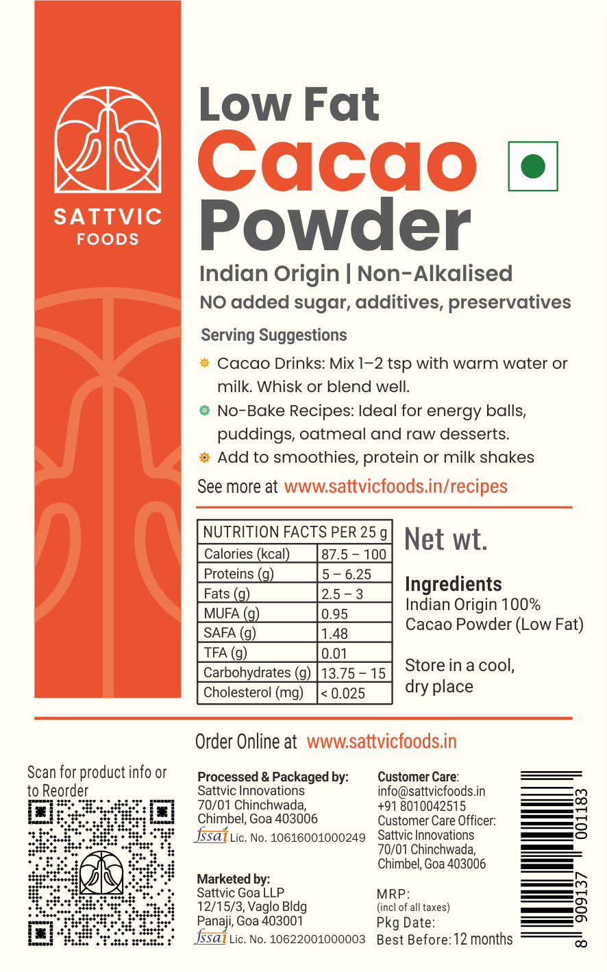 Cacao Powder (Low Fat) | Indian Origin & Non-Alkalized