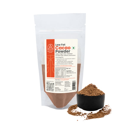 Low Fat Cacao Powder package with cacao powder spilling out on a white background