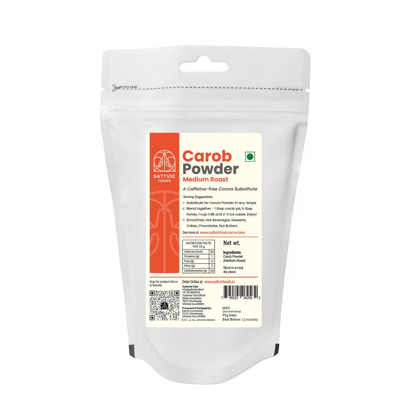 Bag of carob powder with a label on a white background
