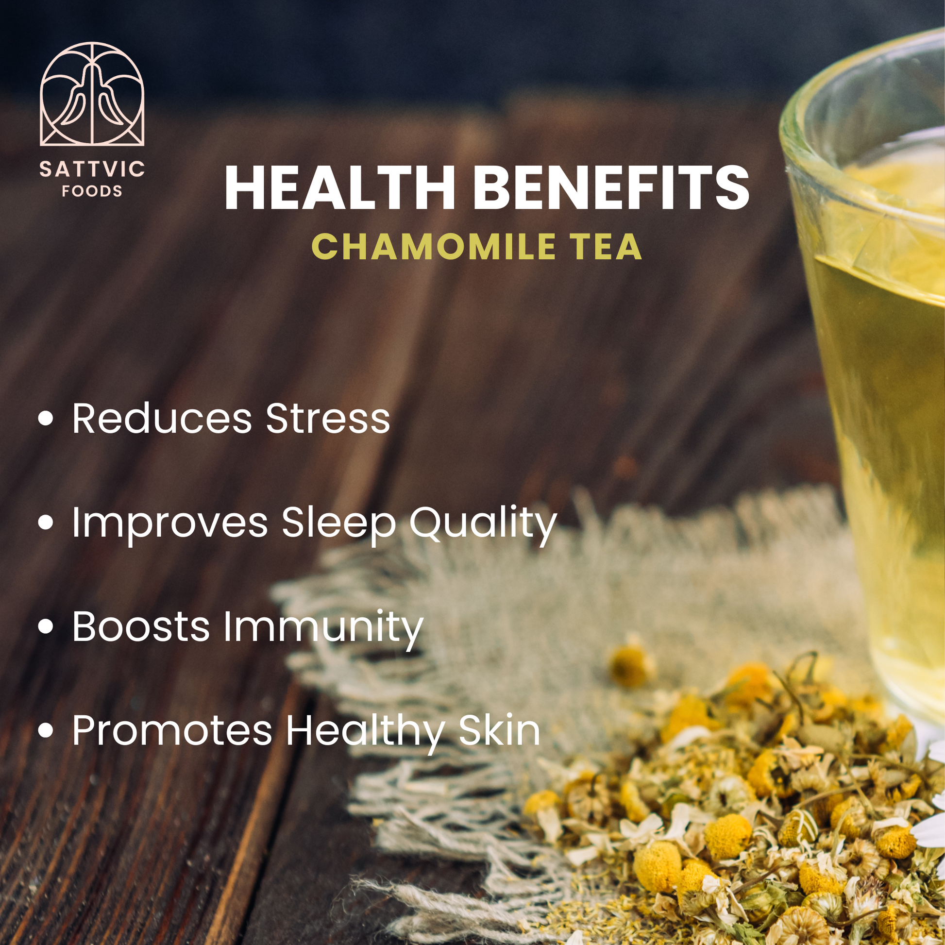A cup of chamomile tea on a wooden table with chamomile flowers, highlighting its health benefits.