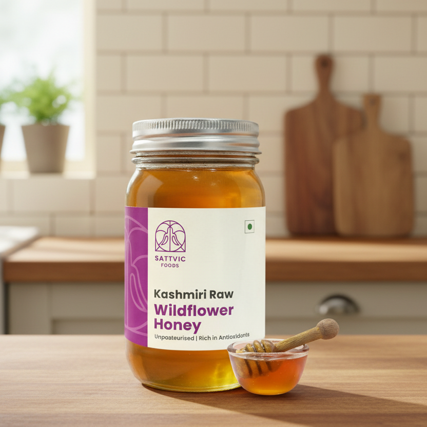 Jar of Kashmiri Raw Wildflower Honey on a kitchen counter with a cutting board and potted plants in the background.