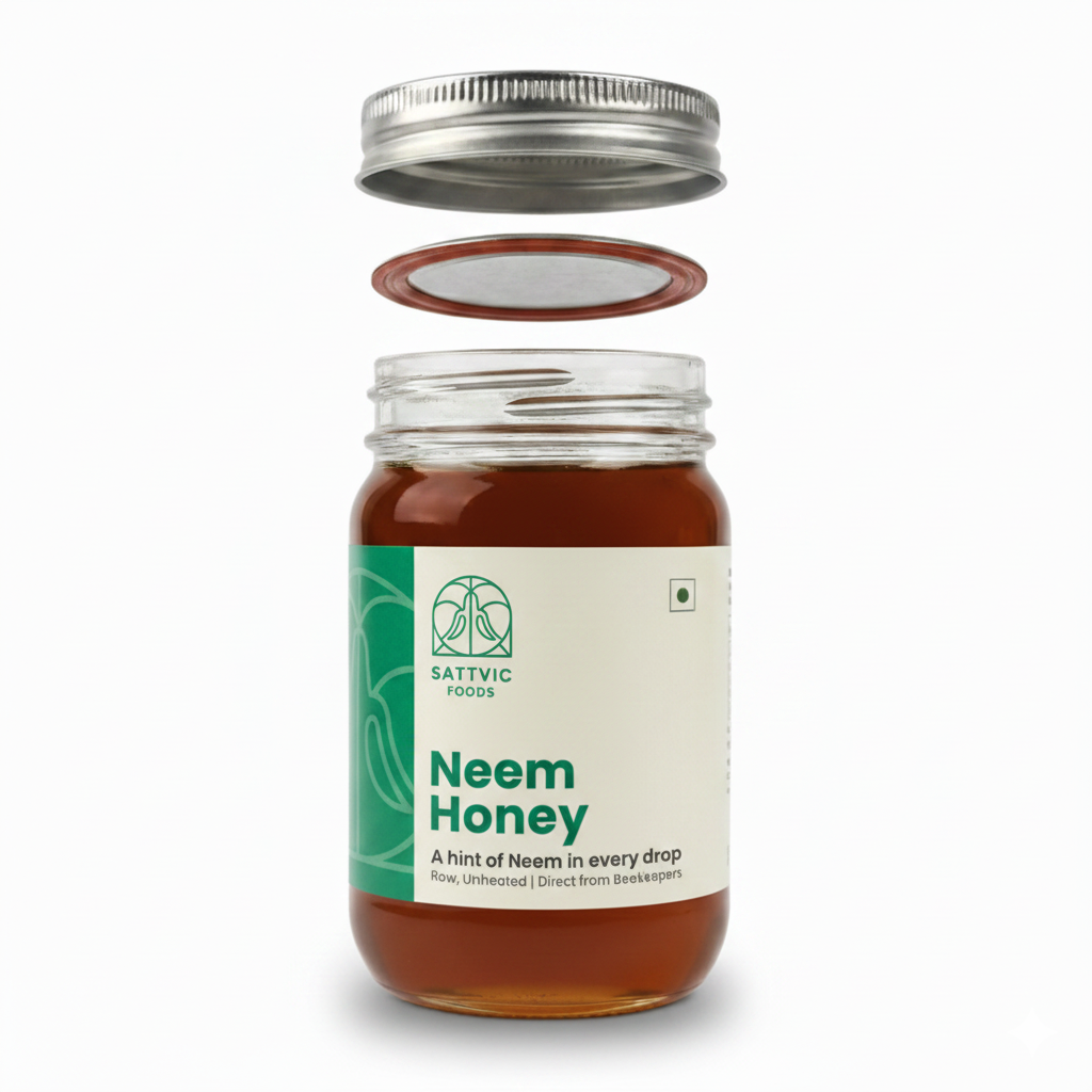 Jar of Neem Honey with a green label on a white background