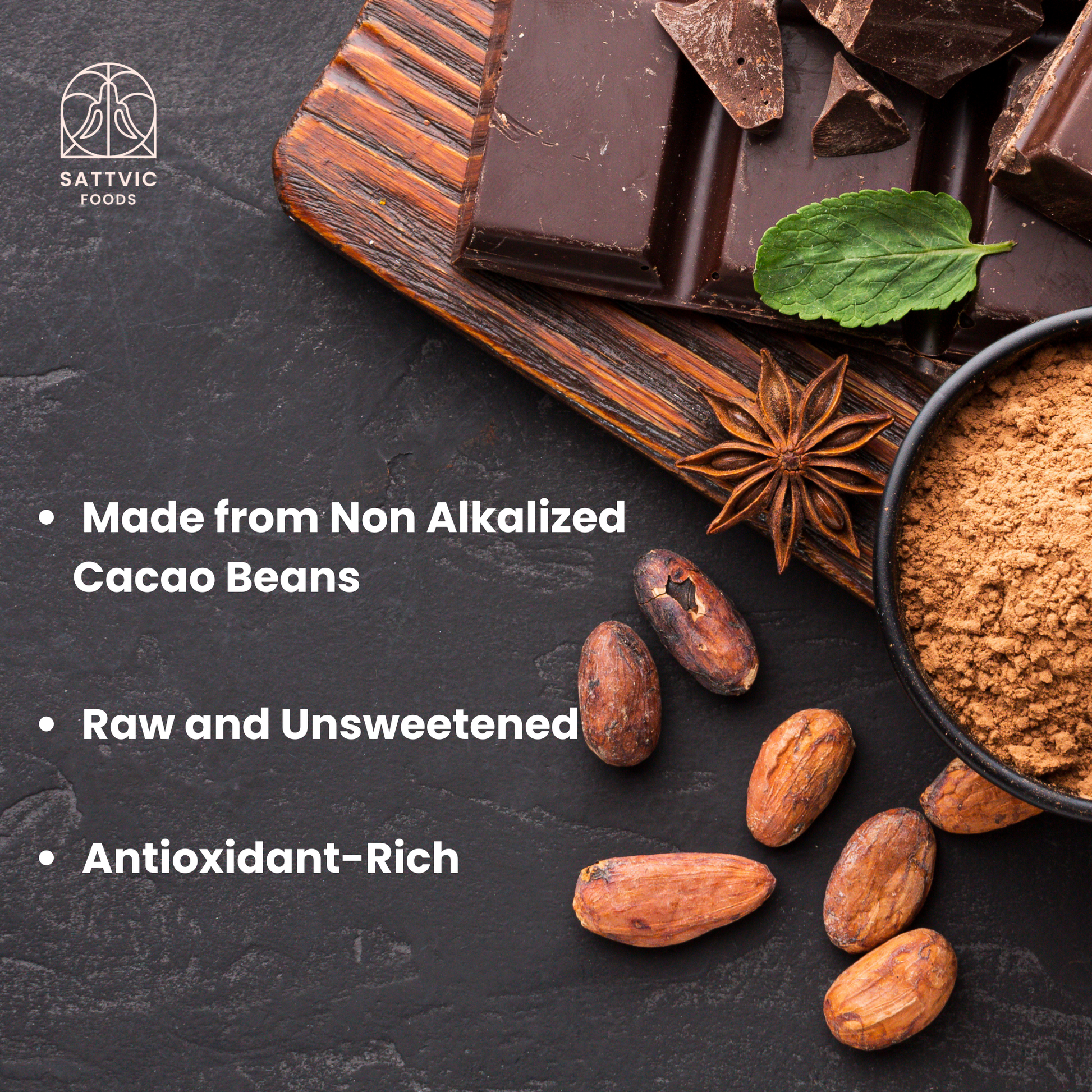 An assortment of raw cacao powder, beans, chocolate 